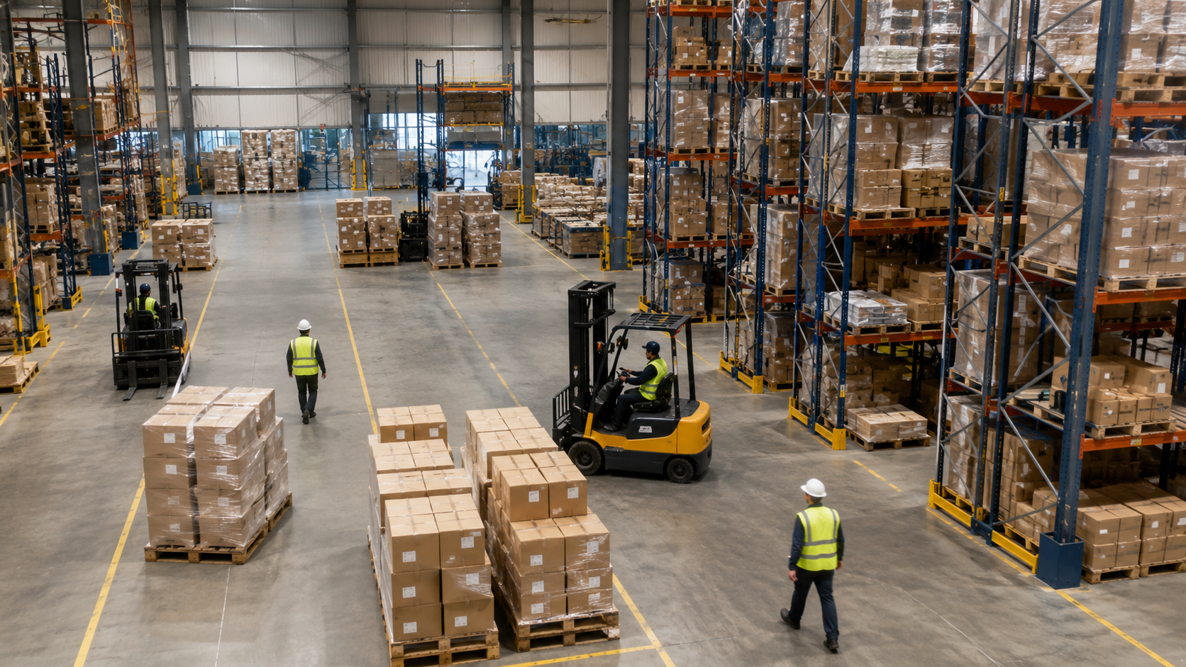 Overzicht van modern magazijn met heftrucks