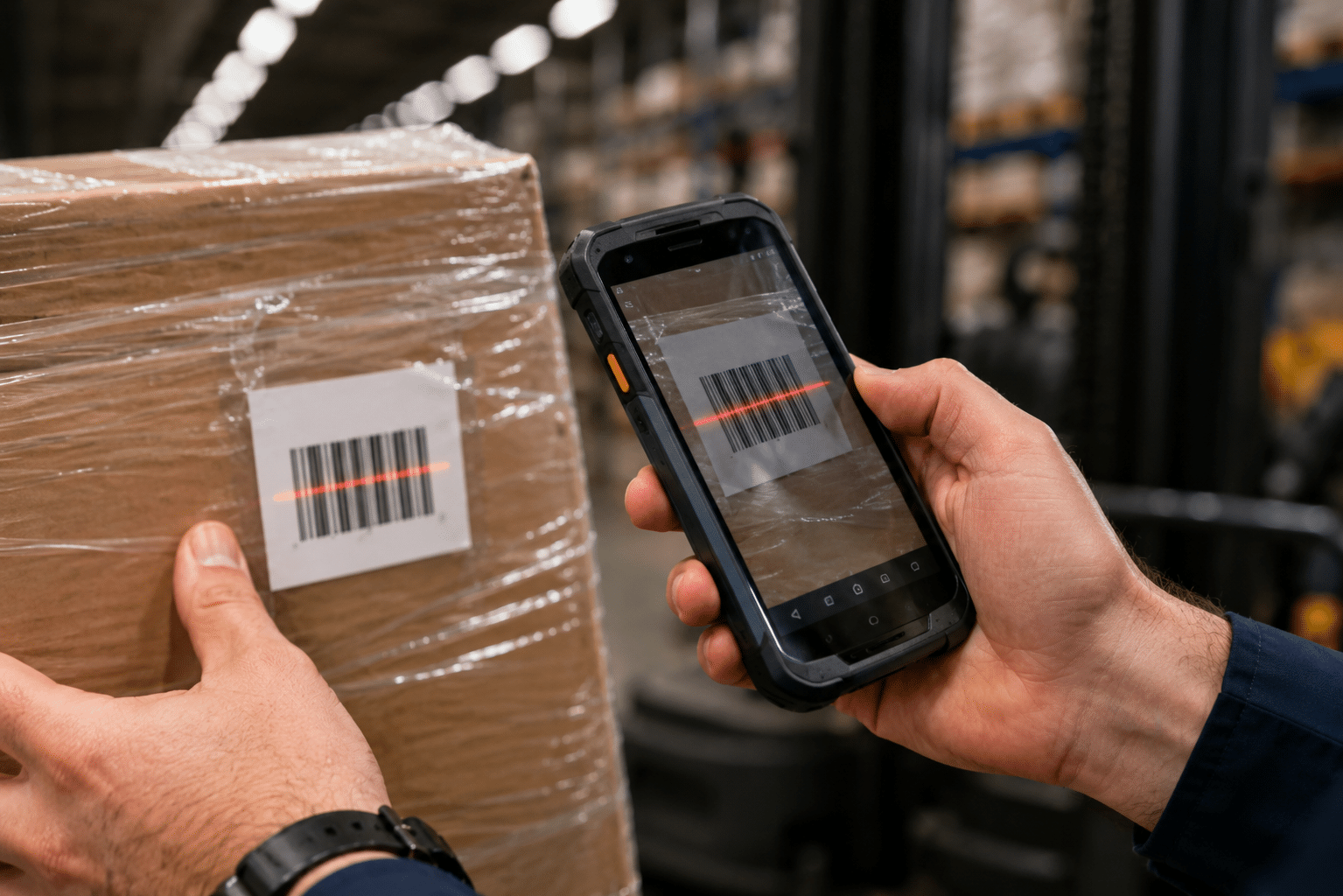 Medewerker scant barcode in het magazijn