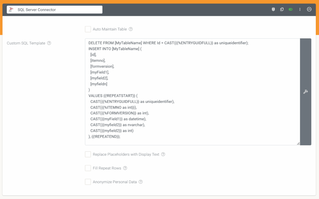 Formulier-connectoren: Overzicht van aangepaste SQL - schermafbeelding 2